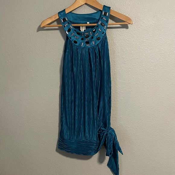 Heart Soul Tank Top Womens Medium Blue Pleated Jewel Neck Embellished Party Y2K - Picture 1 of 8